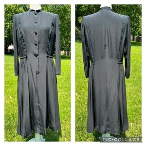 Vintage 80s black Pauline Trigere silk midi dress zipper sleeves pilgrim large